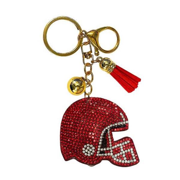 Football Helmet Crystal Keychains Bag Charms Red White - Picture 1 of 2
